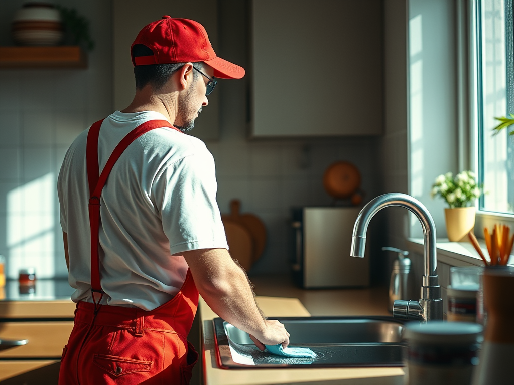 A man wearing a red cap and red overalls is cleaning a kitchen sink with a cloth, sunlight streaming through a window.